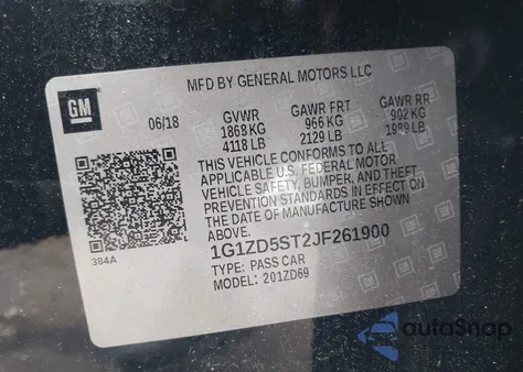 2018 Chevrolet Malibu Lt из США, поврежденный, VIN 1G1ZD5ST2JF261900